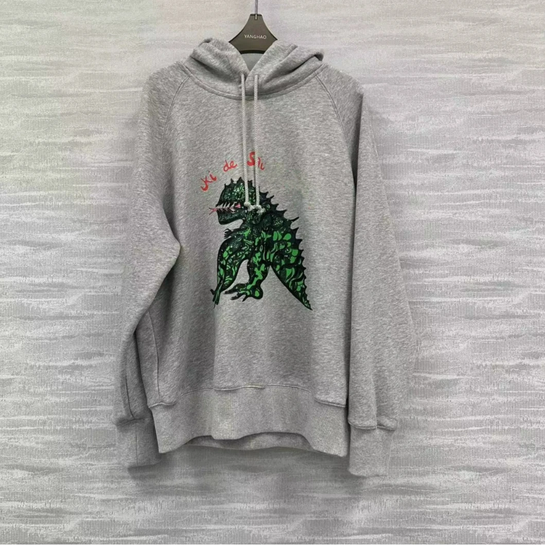 慕溢-灰色恐龙刺绣连帽卫衣