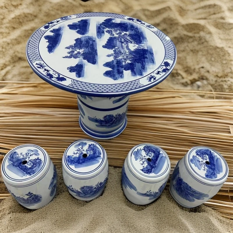 ZY-DP_A66青花山水陶瓷桌子+4个陶瓷凳子（方为直播间展示品）
