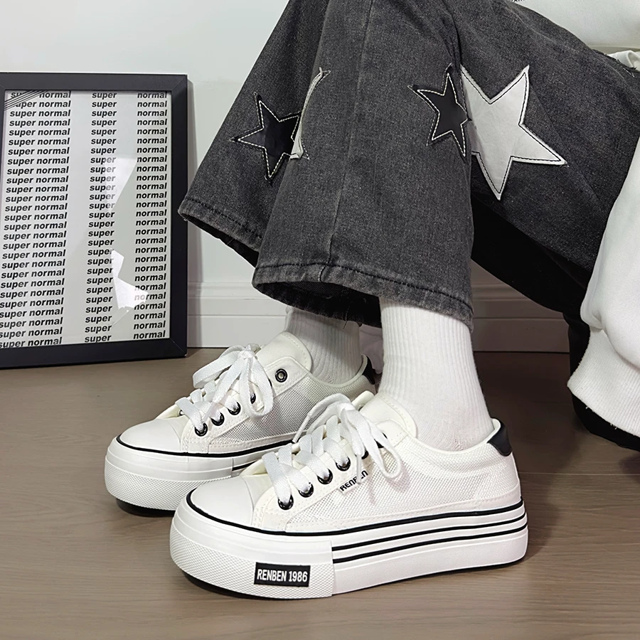 人本网面帆布鞋女2025新款夏季薄款大头厚底板鞋百搭透气镂空网鞋