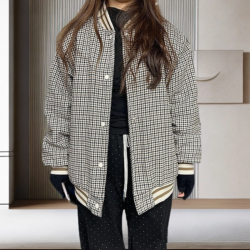 AC【8970】米 复古加棉格纹棒球服外套冬季女小个子棉服