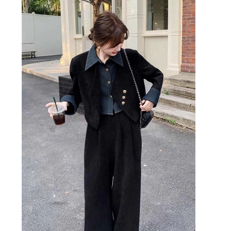 法式复古高个子套装女2025早秋新款假两件外套大方得体穿搭两件套