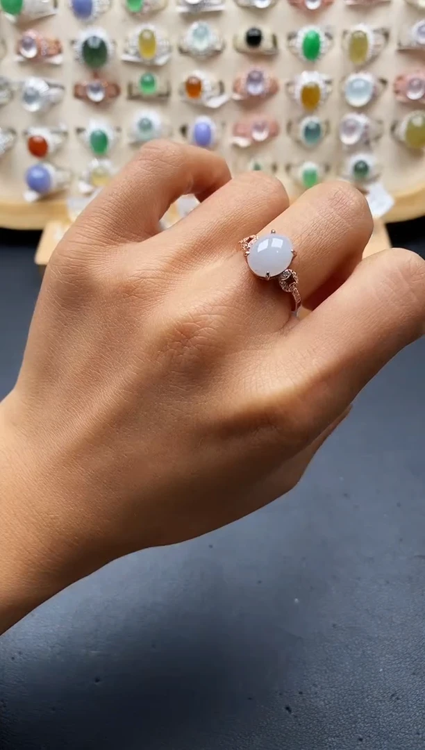 银S925镶嵌戒指翡翠缅甸天然A货翡翠2 6-9