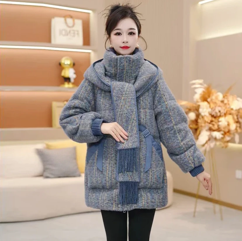 羽绒服新品上新连帽拼色气质保暖时尚加厚羽绒服宽松2025年冬季