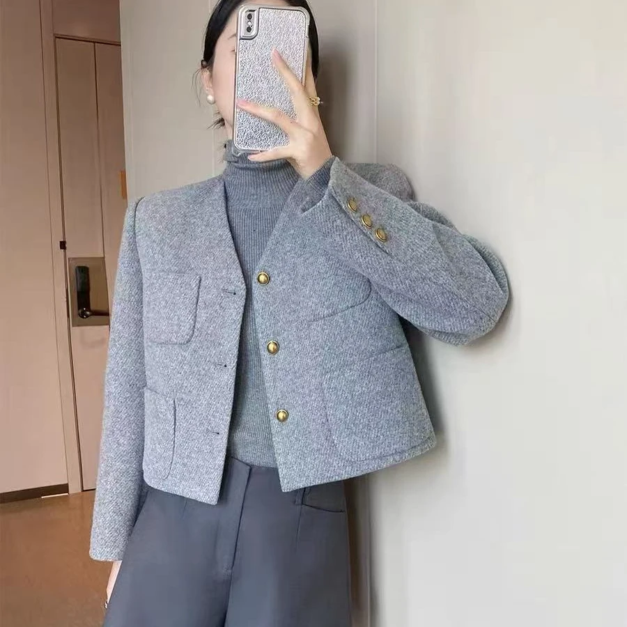 灰色毛呢小香风外套女早秋小个子高级感港风复古宽松休闲短款上衣