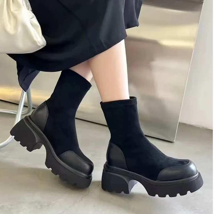 秋冬新款韩版通勤瘦瘦简约粗跟裸靴短靴203-3005(不加绒)