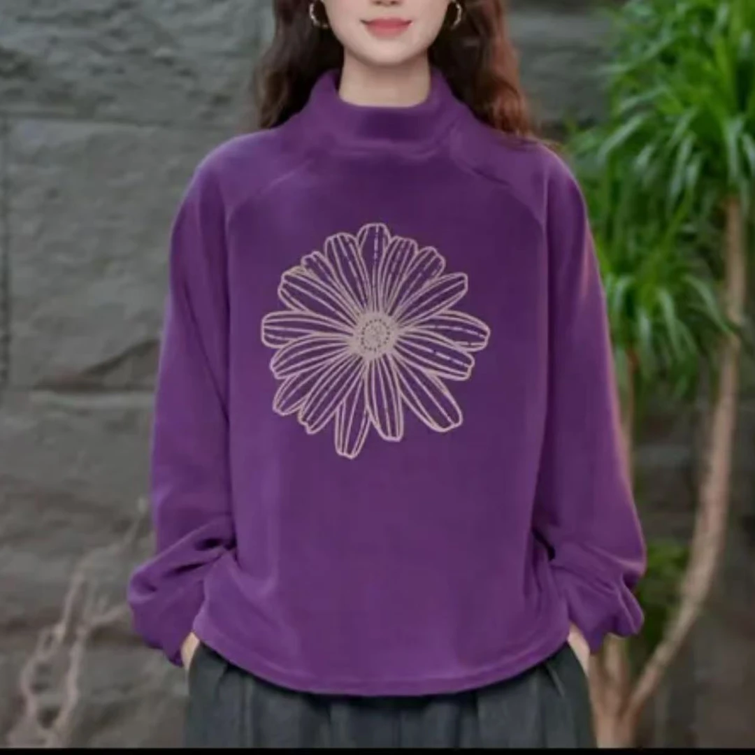 18547新款秋冬加绒休闲减龄宽松印花卫衣