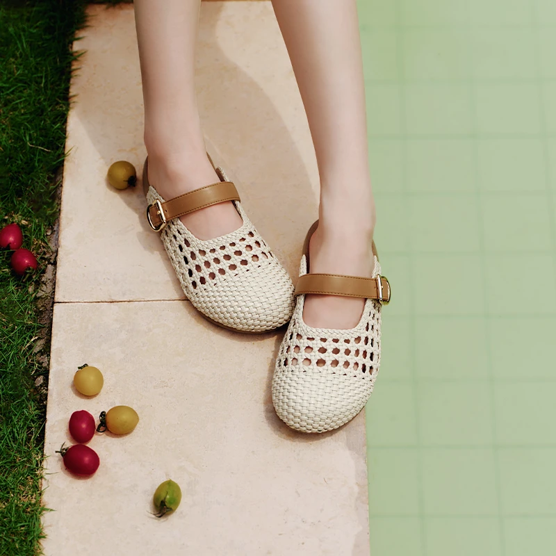 【百丽集团天美意】明星同款夏新编织包头复古半拖勃肯鞋CHS39BH5