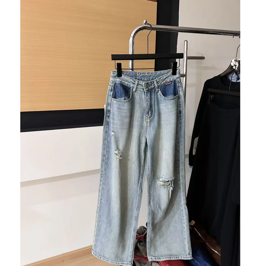 131•NK# 破洞牛仔 韩标直筒破洞牛仔裤•