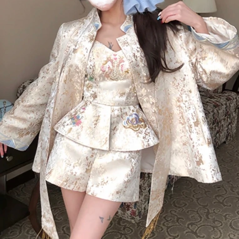 【金玉腰】 套装复古提花千金风上衣+吊带+短裤+半裙 套装