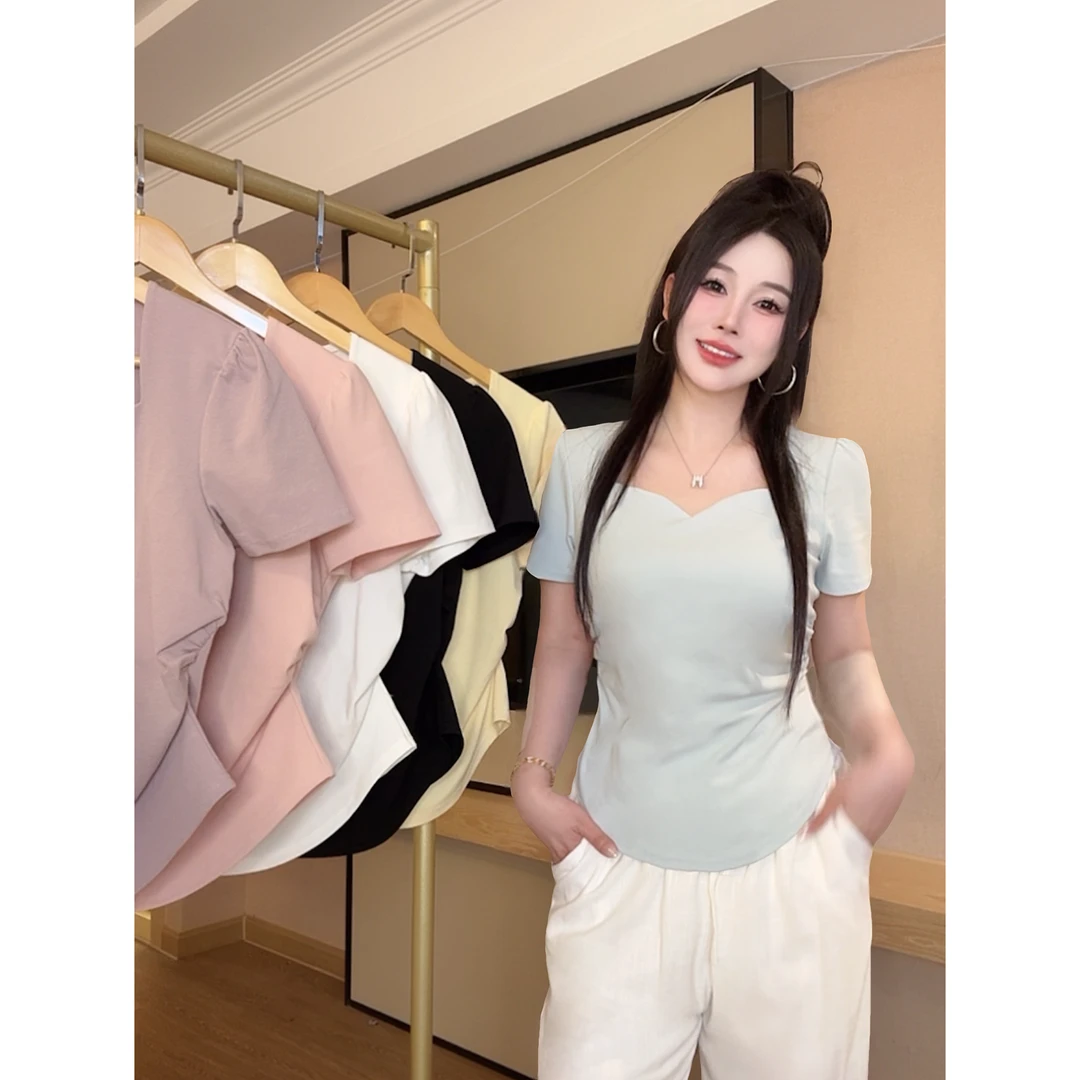 【晶晶】大码胖mm设计感欧若风收腰褶皱上衣修身显瘦纯色v领短袖T恤