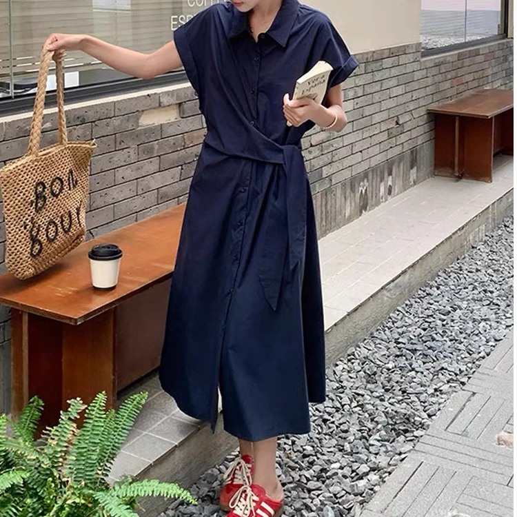 青青家  夏季系带气质翻领系带连衣裙-071