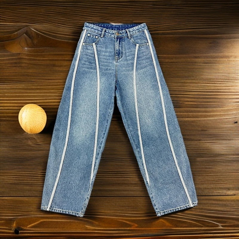 【赠送腰带】春夏新款蕾丝花边立体定裁时尚直筒百搭牛仔裤