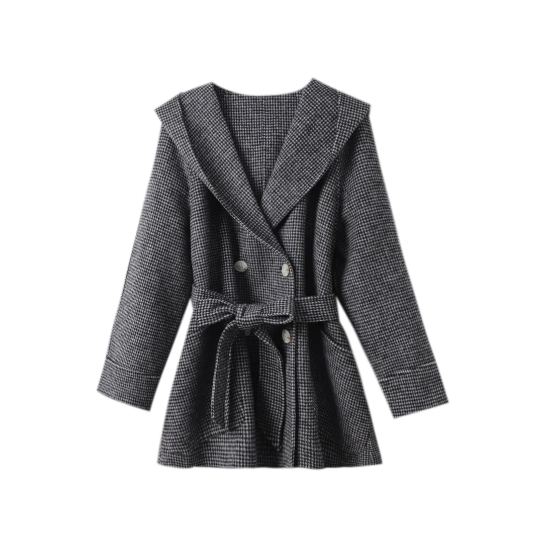 【刘叮铃专属】SG1105 连帽大衣秋新款复古直筒千鸟格毛呢外套女