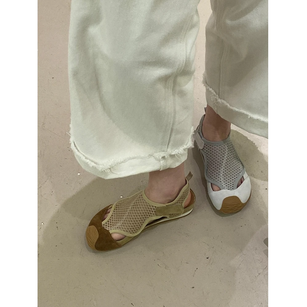 自留版~懒人一脚蹬魔术贴网面镂空透气单鞋休闲运动鞋包头凉鞋女