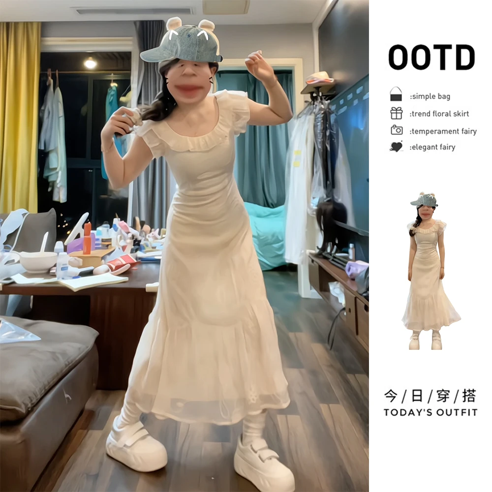 法式气质白色连衣裙子女夏季2025新爆款修身显瘦绝美漂亮掐腰长裙