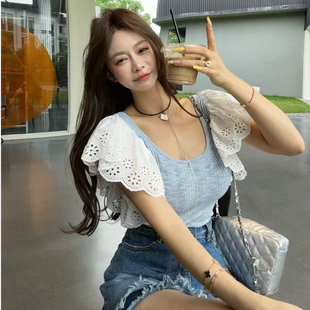 【YKL】怦然心动 法式灰色黑色小飞袖上衣/做旧毛边牛仔短裙裤