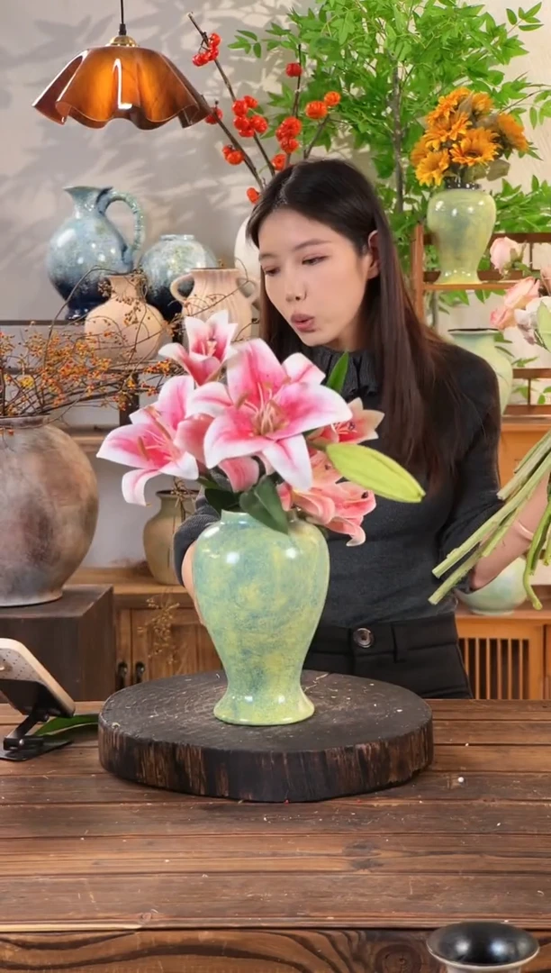 [绿野仙踪-中号美人花瓶】复古绿色陶瓷花瓶干花鲜花陶罐桌面斗柜