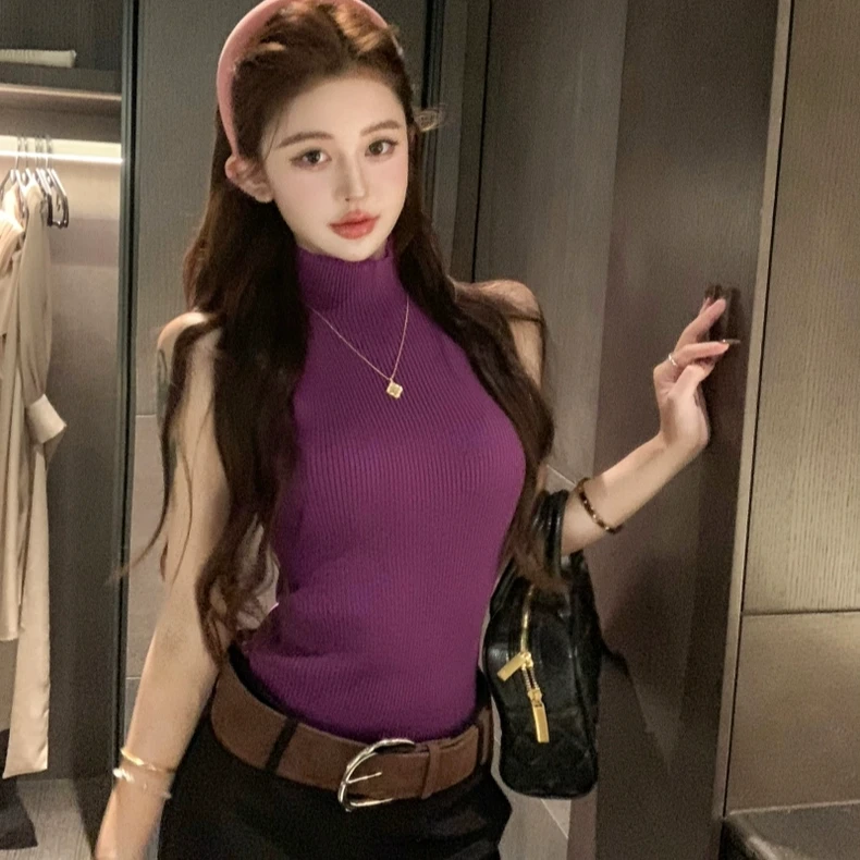 气质半高领背心女无袖外穿辣妹针织小衫百搭修身打底衫显瘦小个子