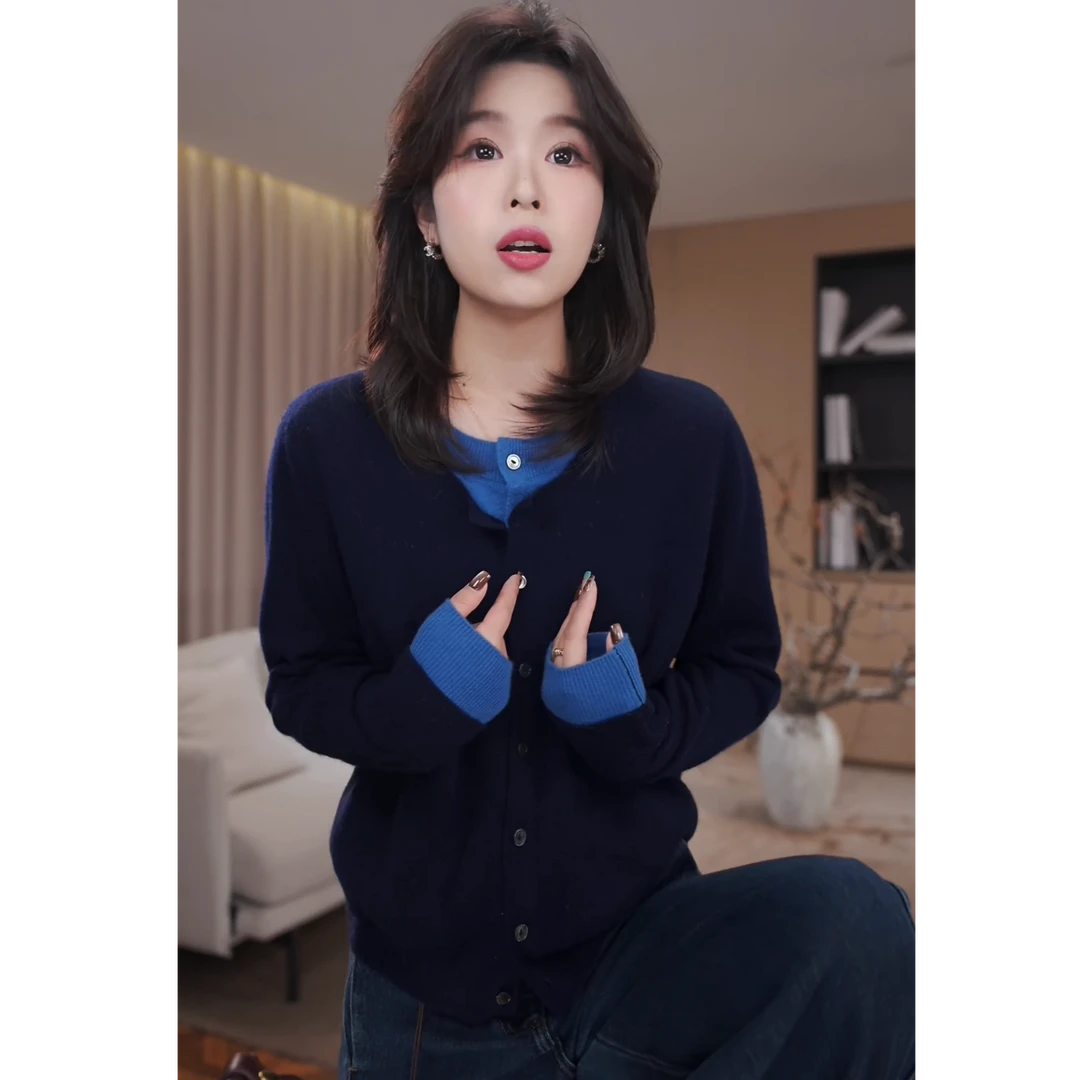 广州琴姐【撞色叙事】琥珀流光风绵羊毛假两件毛衣针织开衫女秋3569