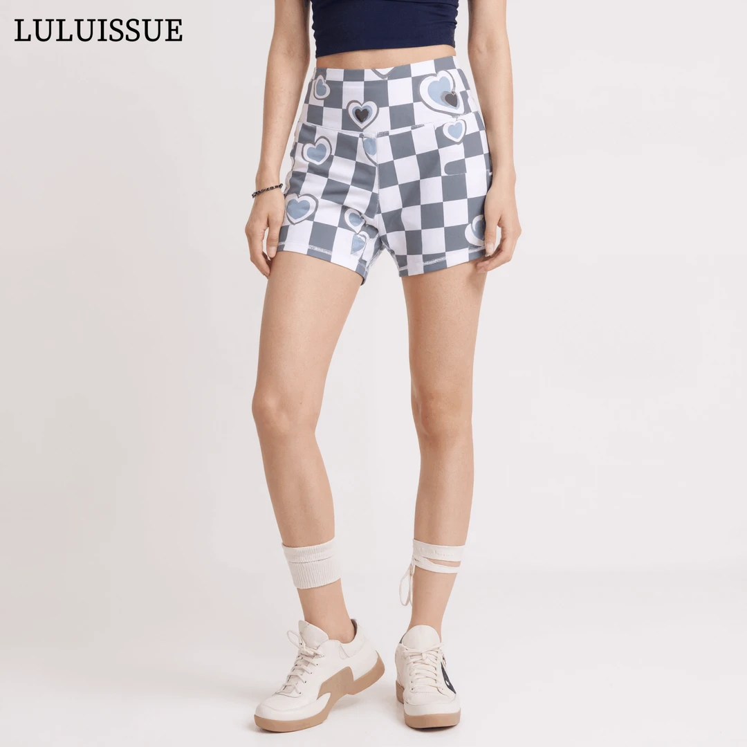 LULUISSUE｜灰心格健身训练百搭运动短裤灰白格子高腰透气瑜伽裤