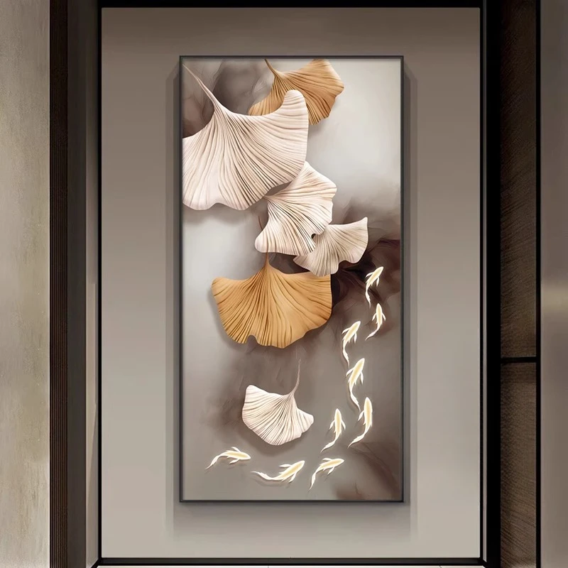 现代轻奢玄关装饰画九鱼图高端大气银杏叶高级感入户走廊过道挂画