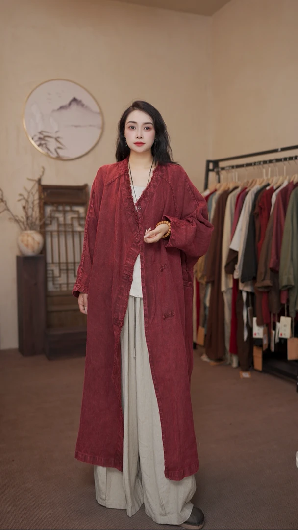 M543做旧长款风衣中长款汉服女秋款斜领外披禅意