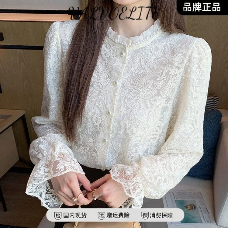 气质木耳边花瓣袖洋气小衫法式蕾丝上衣女2025秋独特绝美打底衬衫