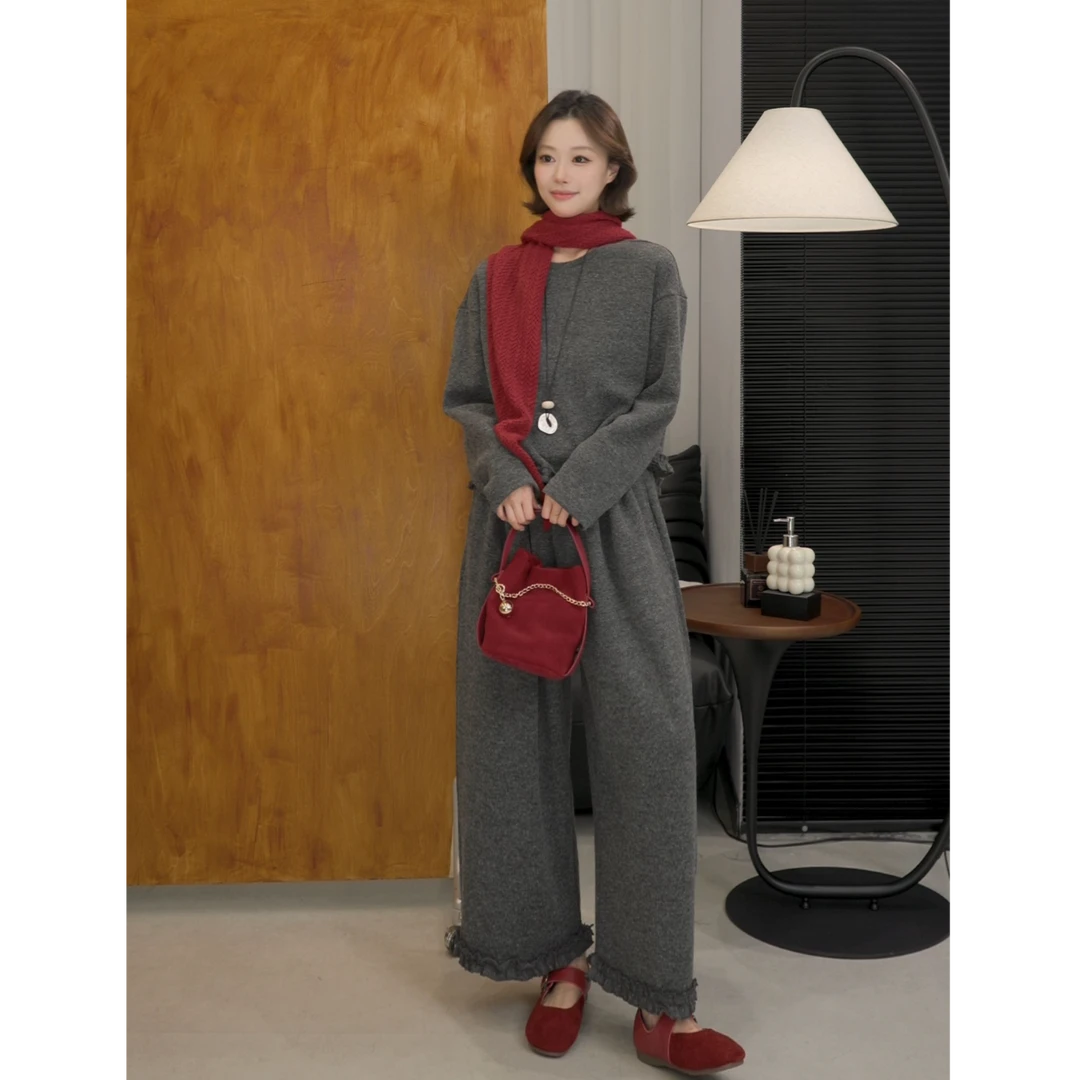 EVA RYAN高级感下摆木耳边拼接卫衣阔腿裤显瘦套装带本布包 E267