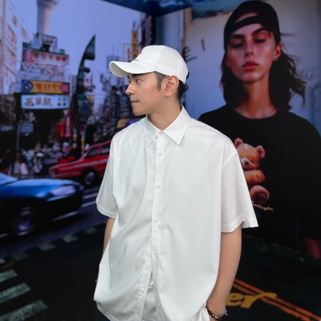 NPC潮牌金线字母logo刺绣抖抖翻领短袖衬衫男落肩抗皱NP53SH05