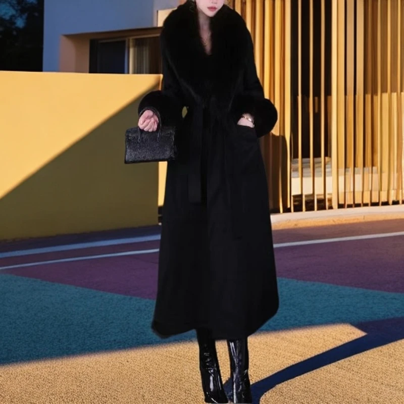 【娜塔莎严选】经典黑色超大狐狸毛领双面羊毛大衣修身显瘦加长款