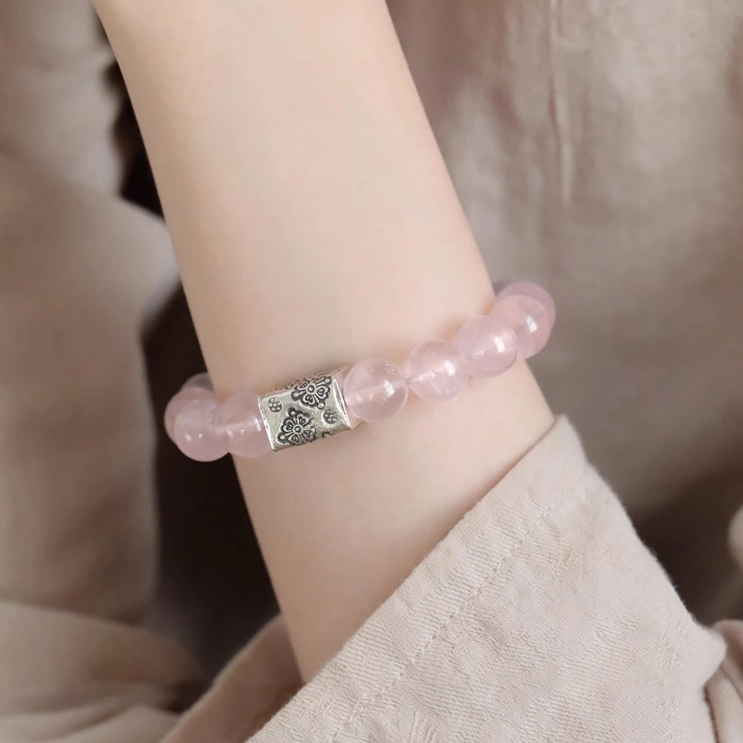 <一禅兄>S925银粉水晶圆珠复古做旧花纹方形柱弹力手串夏日手链