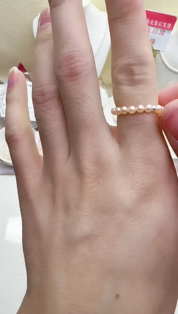 银S925镶嵌戒圈淡水珍珠粉色正圆3mm