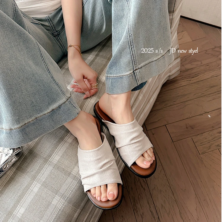 【小陈姐专属】~度假风沙滩鞋亚麻褶皱平底凉拖女拖鞋外穿2025年