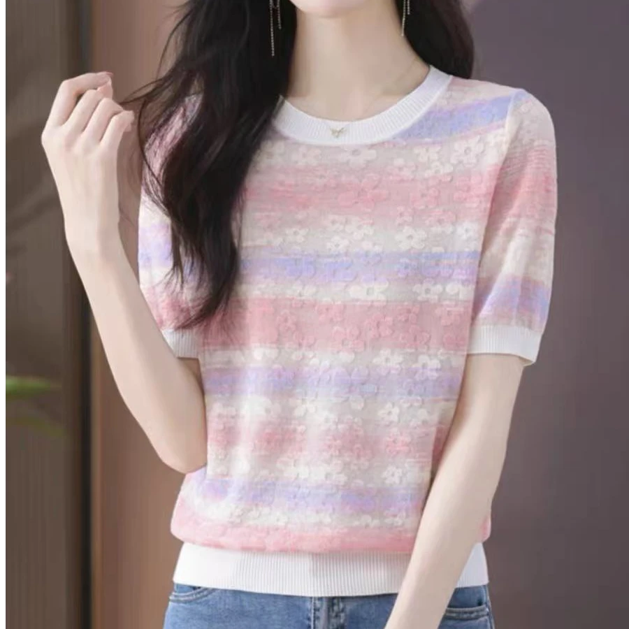 渐变色镂空短袖时尚针织衫女新款夏季圆领正肩冰t恤女上衣B223