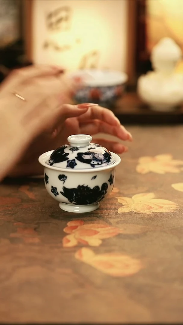 M604/古瓷造物/陶瓷青花鳜鱼盖碗