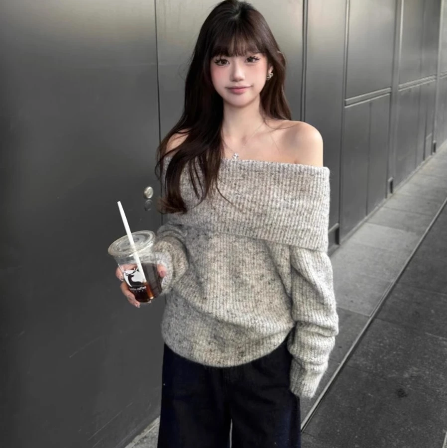 灰色露肩韩系套头毛衣女秋慵懒风宽松休闲显瘦气质小个子长袖上衣