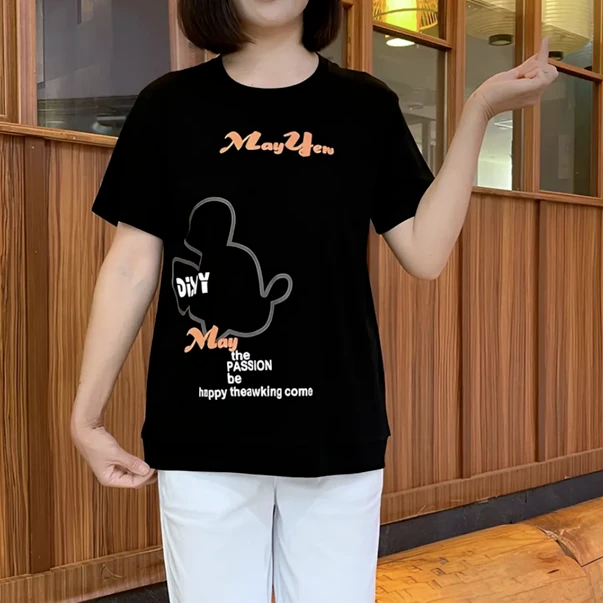 2025夏季新款时尚纯色印花圆领百搭休闲宽松减龄大码T恤