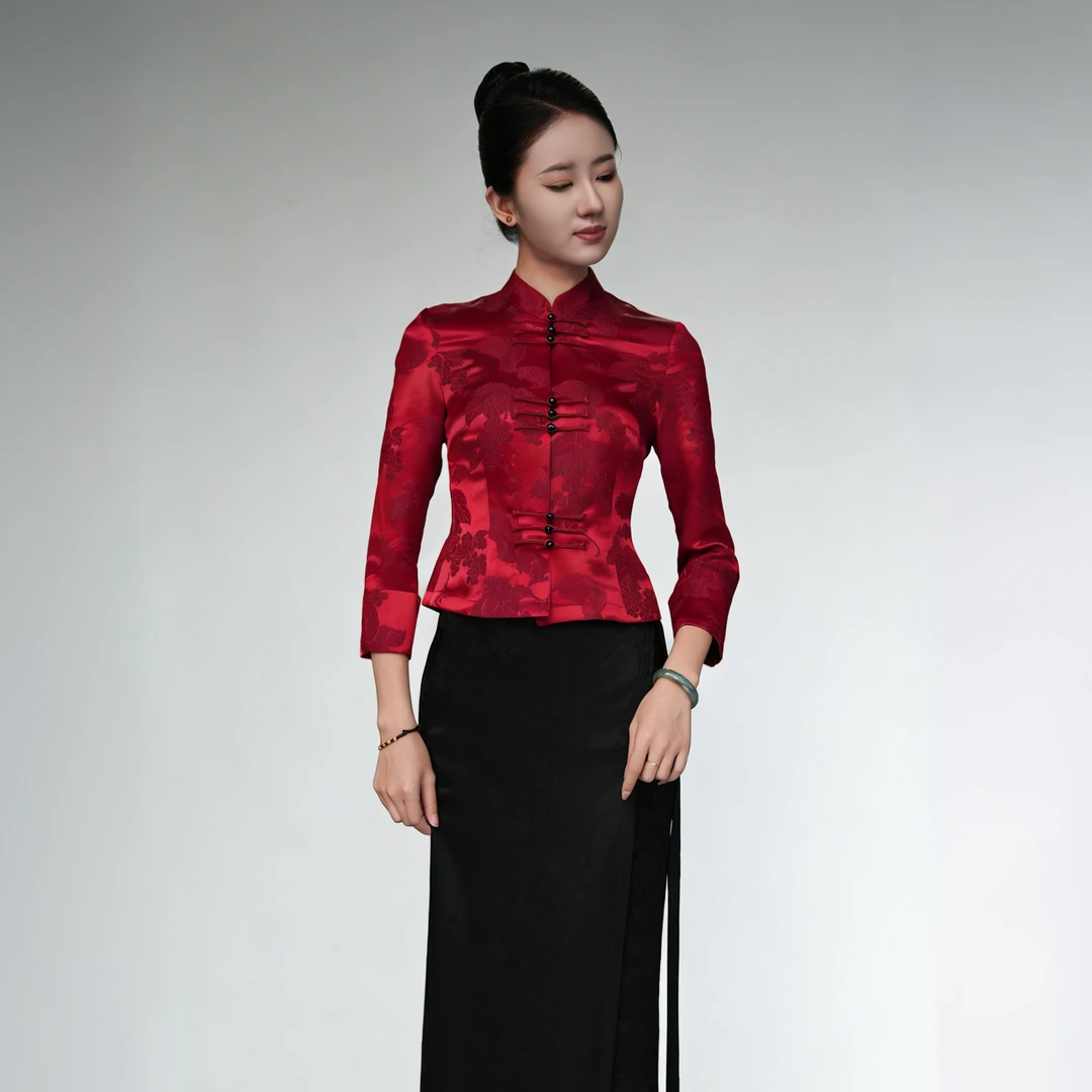 玉家人【勐景】红色桑蚕丝九颗盘扣国风民族风傣装上衣复古