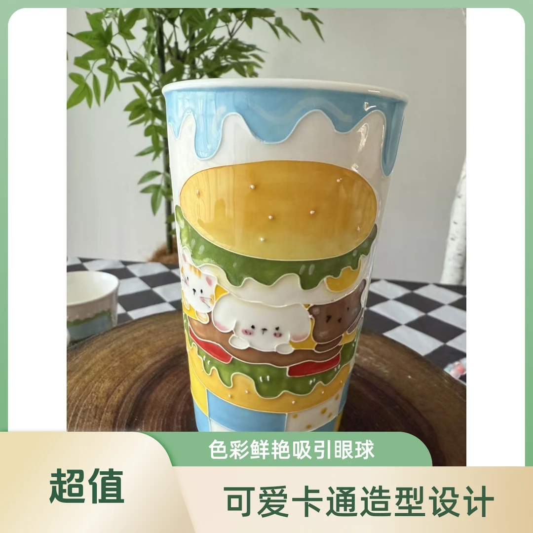 景德镇手绘高温釉下彩 小猫小狗汉堡可乐杯大号 A041