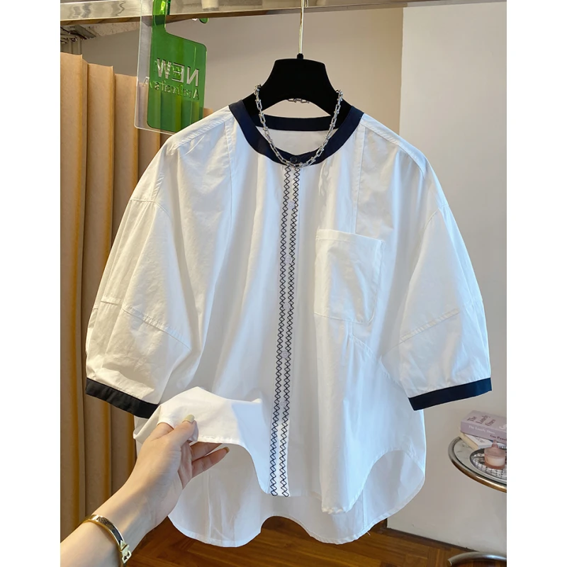 6549韩系白色圆领衬衫女短袖夏季新款宽松休闲百搭棉质泡泡袖上衣