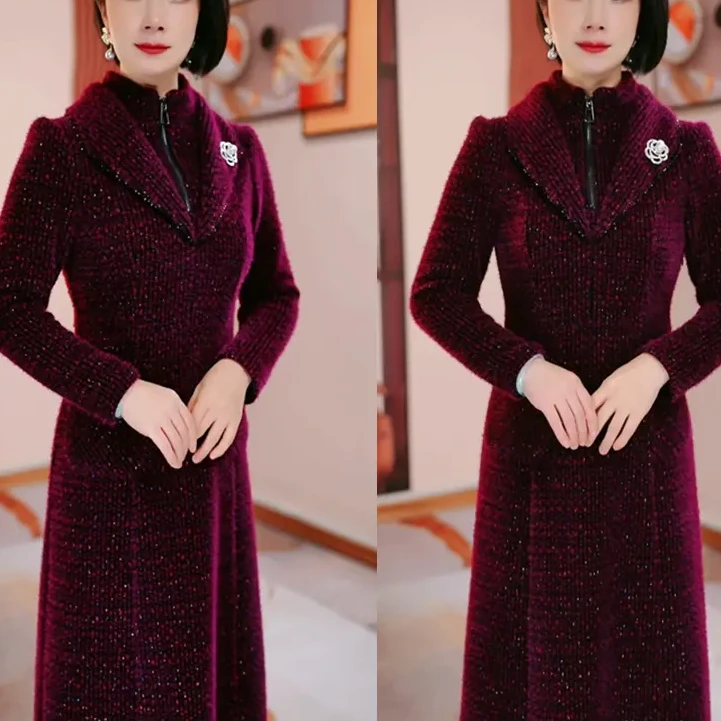 紫色条纹秋冬季新款修身显瘦遮肉连衣裙高雅复古大气洋气带胸针