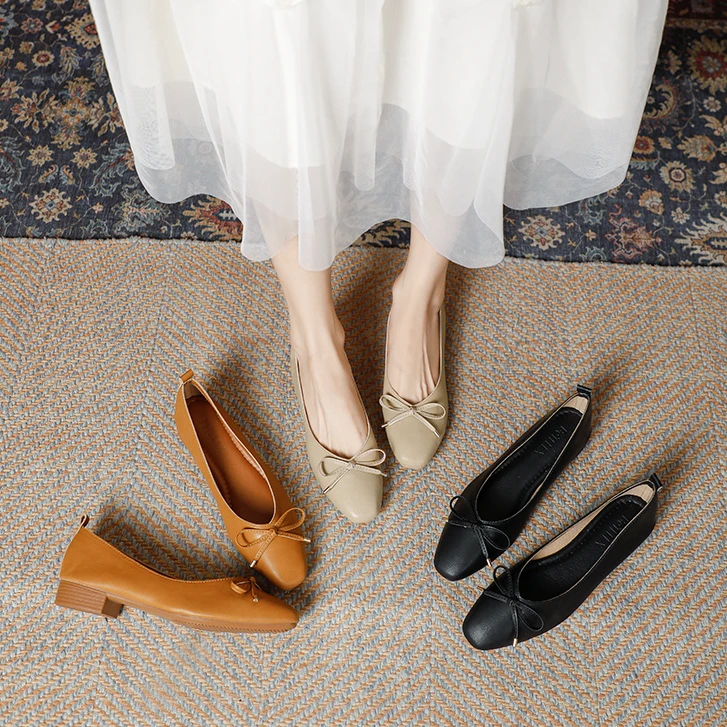 真皮蝴蝶结小方头百搭多色低跟女鞋2025爆款方头奶奶鞋真皮118