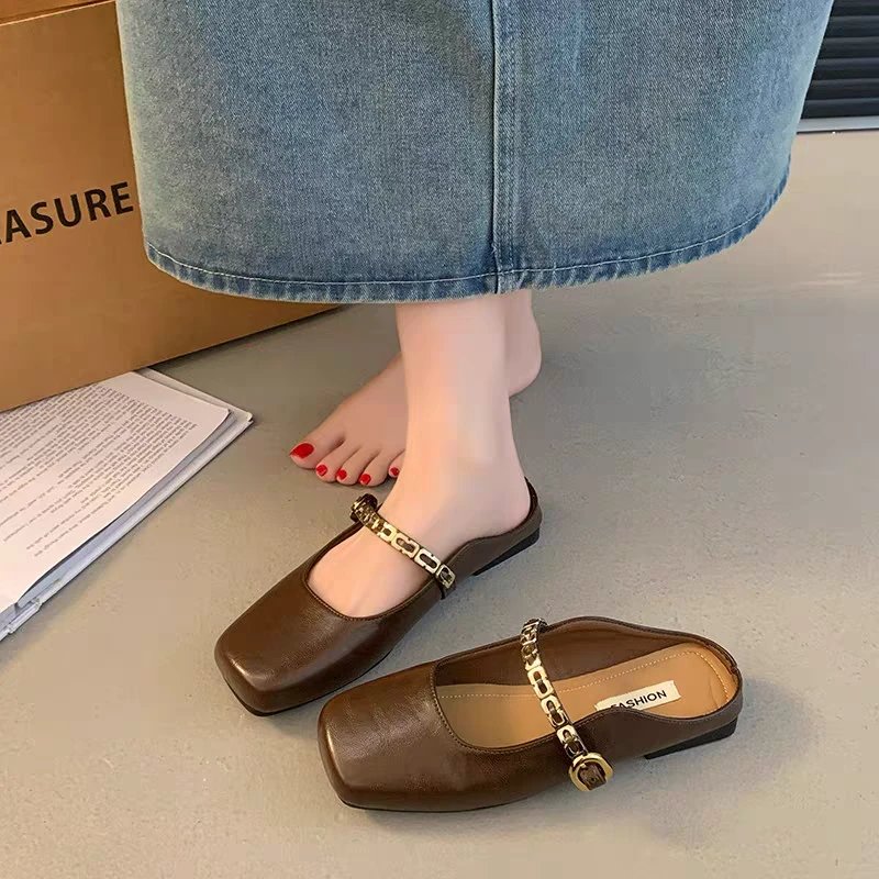 玛丽珍一字带包头半拖鞋女春夏外穿一脚蹬链条粗跟穆勒鞋A187-5