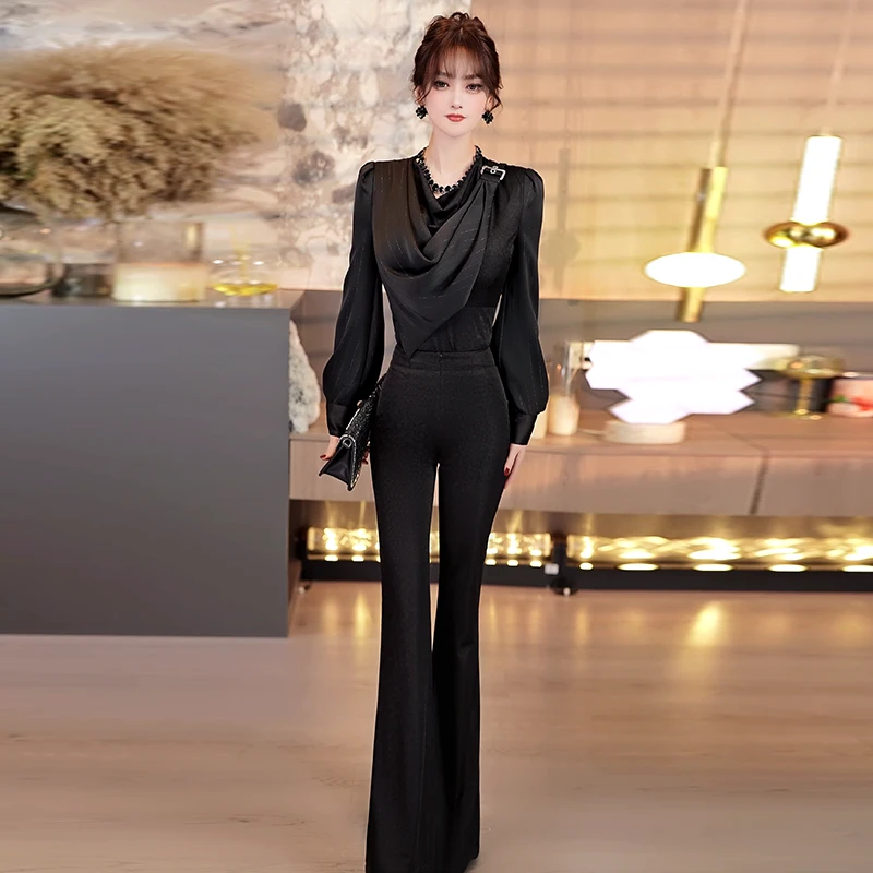 开春不规则可脱卸荡领小衫喇叭裤两件套2025新款小众气质减龄套装