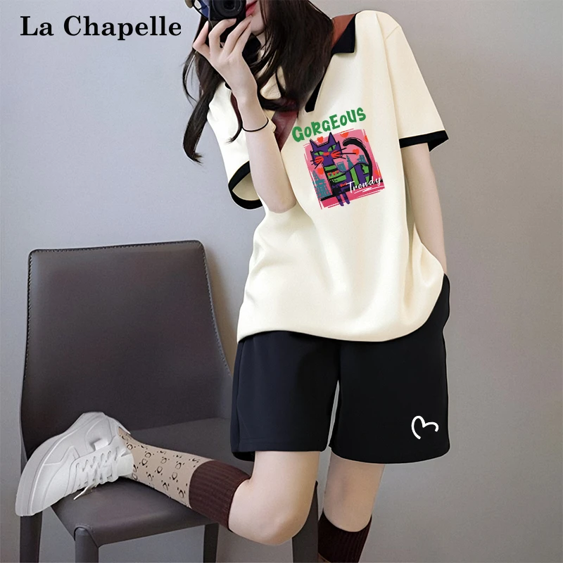 拉夏贝尔洋气衣服女夏天休闲短袖纯棉五分裤百搭减龄夏日穿搭潮