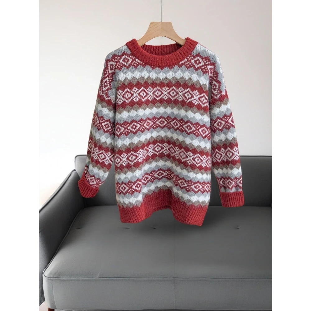 气质款强货！高级感厚实巨暖和复古提花红色套头毛衣女针织衫上衣
