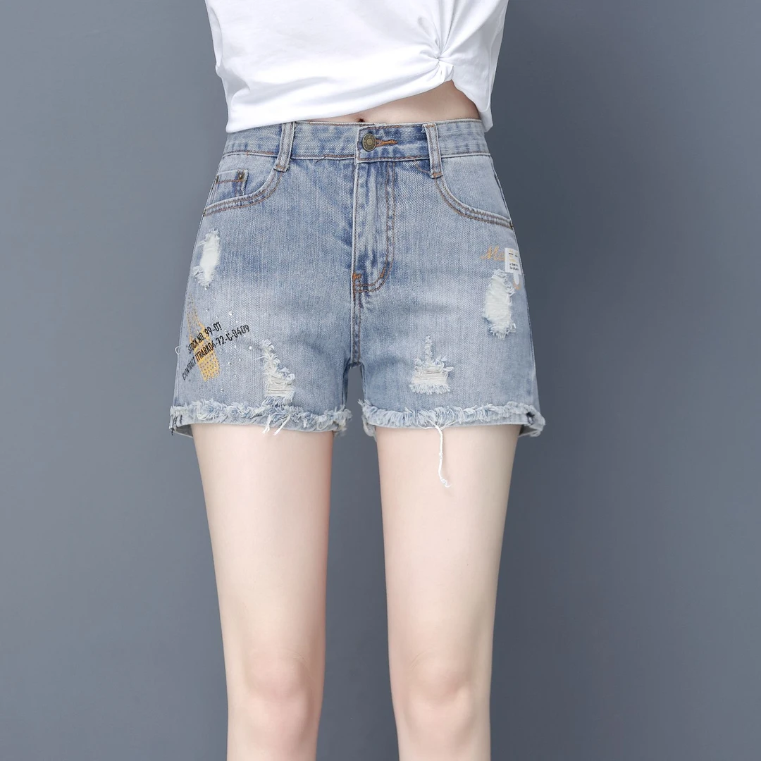 高档薄款牛仔短裤女2025夏季三分裤新款高腰显高直筒毛边破洞热裤