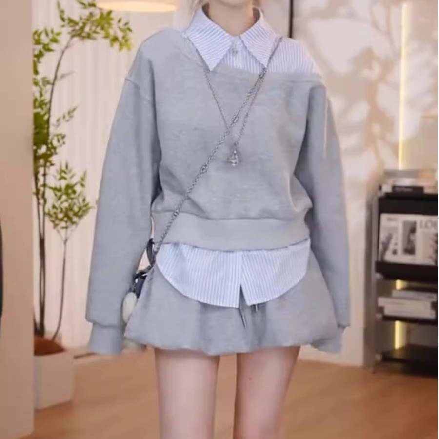时尚套装女2025春季假两件条纹衬衫拼接卫衣显瘦短款半身裙两件套