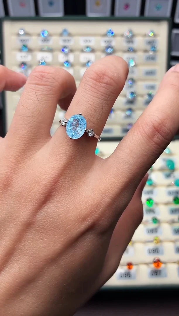 无925银轻奢冰裂蓝色女神戒