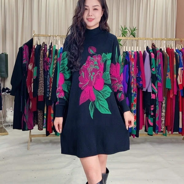 540秋冬针织时尚宽松中长款圆领提花碎花A字高弹力